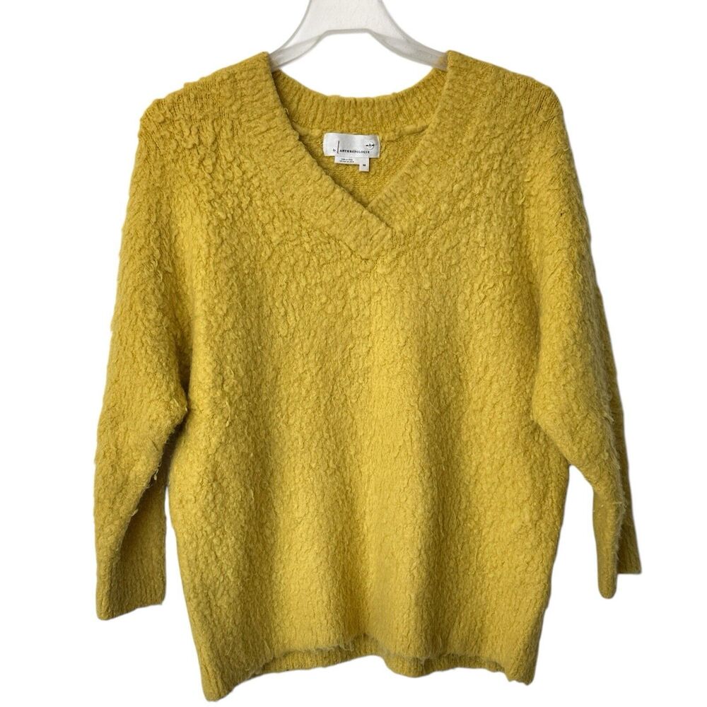 Anthropologie Simone merino wool alpaca bright yellow fuzzy v-neck sweater XS